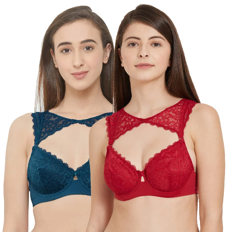 Semi/Medium Coverage Non Padded Wired Lace Demi Cup Bra (Pack Of 2) FB-545