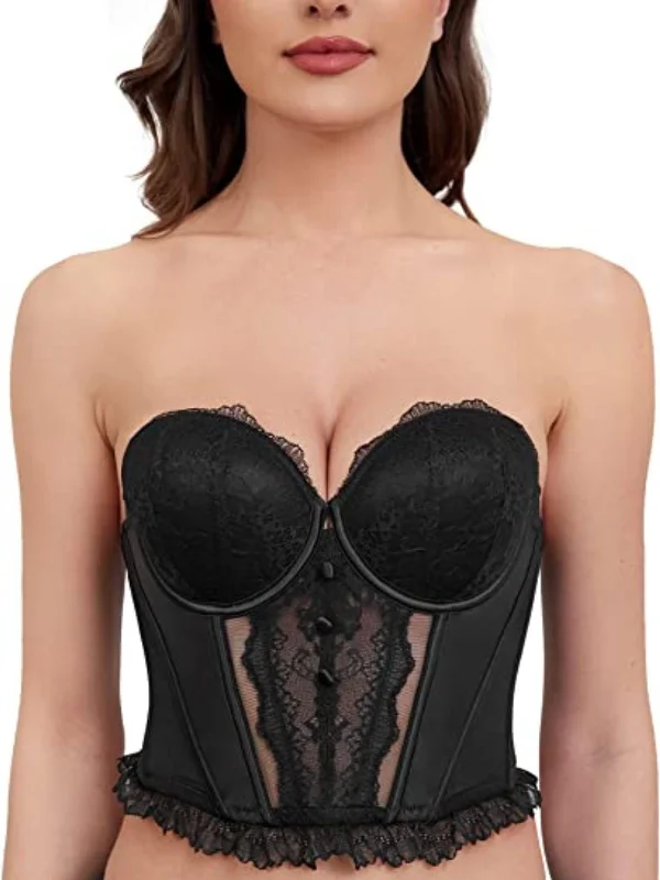 Strapless Bra Longline Corset Push Up Boned Underwire Sexy Sheer Mesh Lace-Trim Black Strapless Bra Longline Corset Push Up Boned Underwire Sexy Sheer Mesh Lace-Trim Black