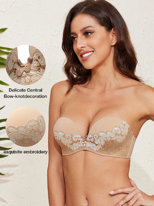 Underwire Push Up Cross-shoulder Straps Embroidery Bra Milk Coffee