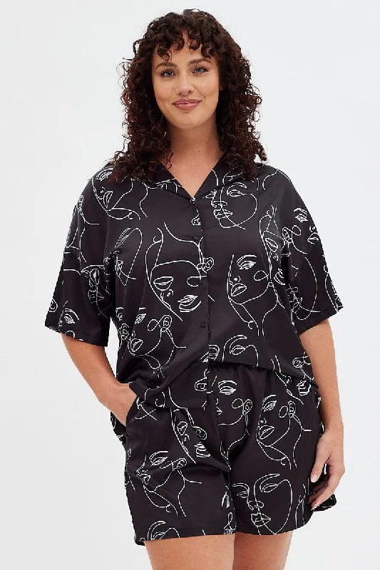 Black Print Button Pyjama Abstract Print Satin Pj Set