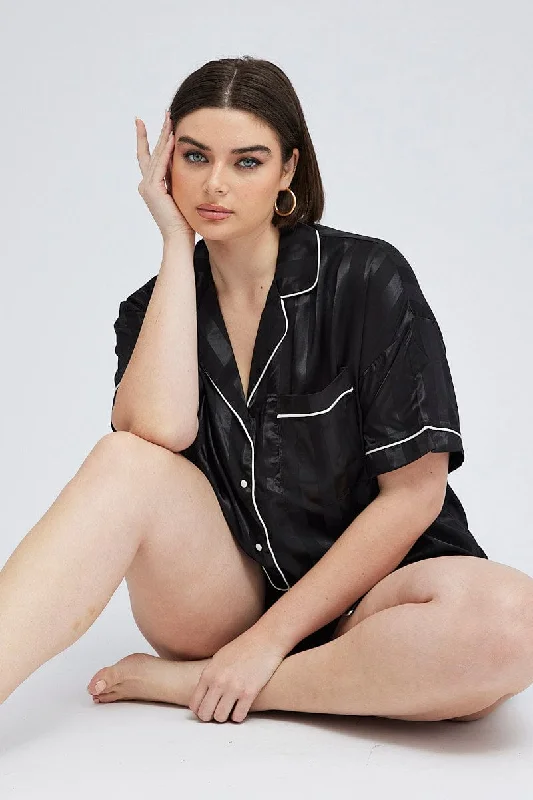 Black Stripe Pyjama Set Satin Jacquard Stripe Piping Pj