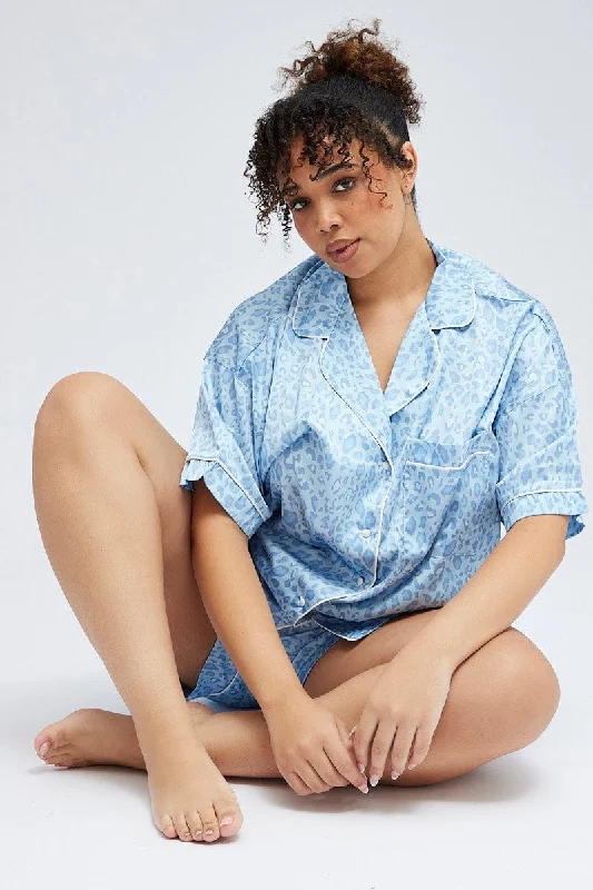 Blue Animal Print Leopard Satin Pj Contrast Piping Pyjama Set