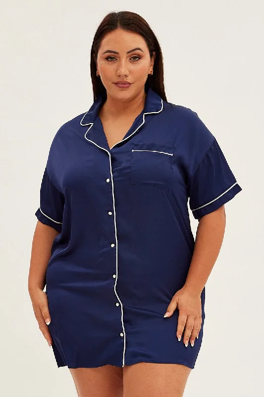 Blue Nightie Short Sleeve Collared Mini Satin