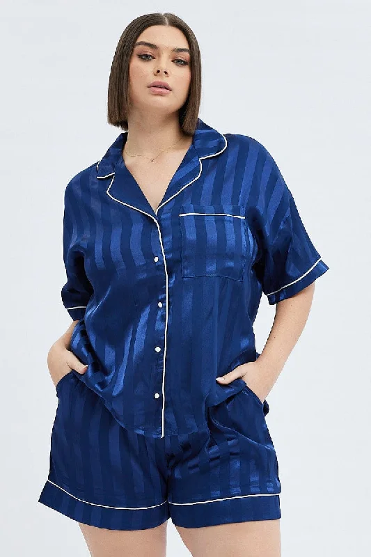 Blue Satin Pj Contrast Piping Stripe Pyjama Set