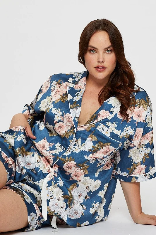 Floral Print Satin Pj Button Pyjama Set