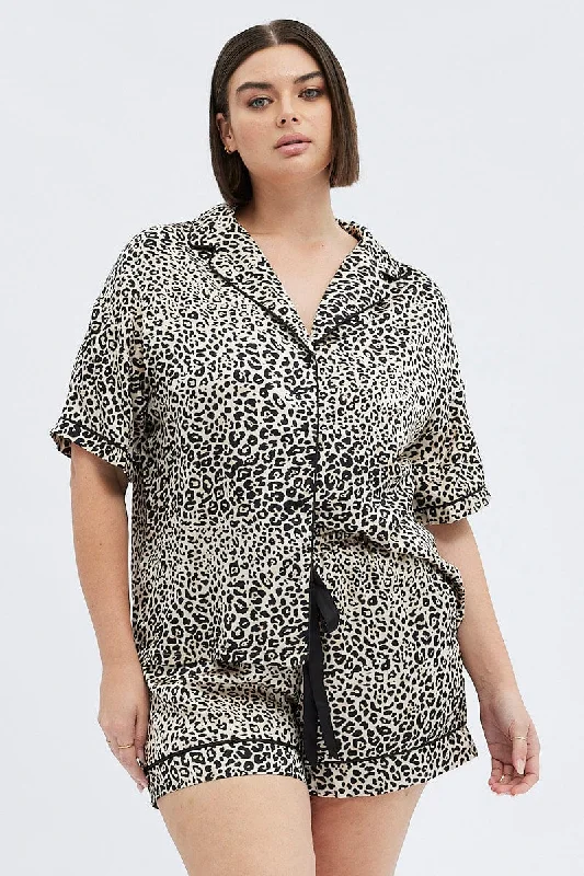 Multi Animal Print Leopard Pj Satin Set Piping Button Pyjama