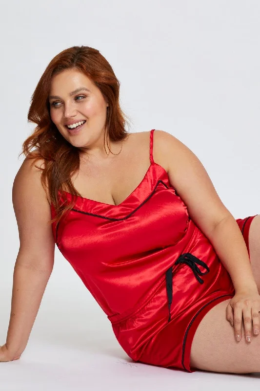 Red Satin Pj Contrat Piping Pyjama Set