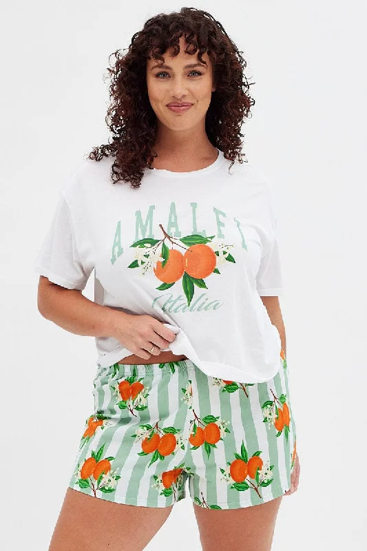 White Print Breakfast Pj Graphic Jersey Pyjama 2 Piece Set