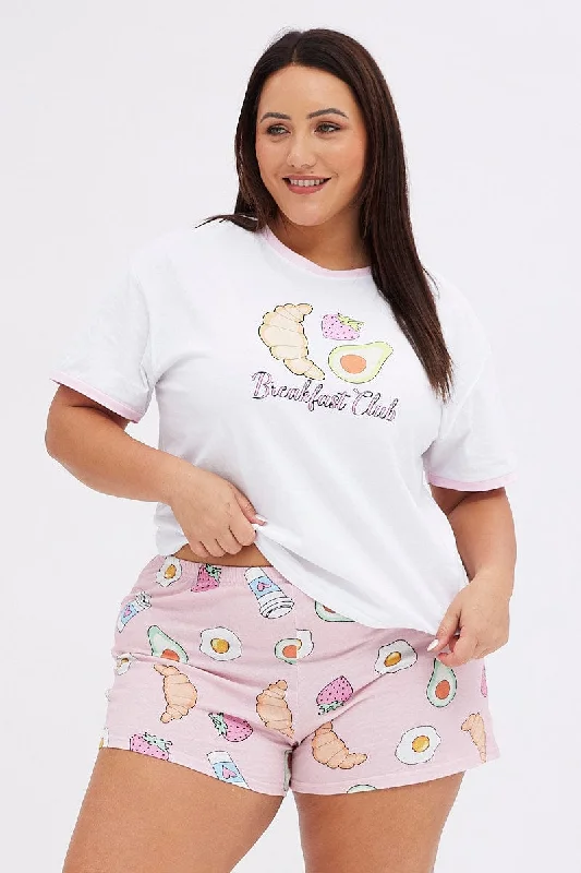 White Print Breakfast Pj Graphic Jersey Pyjama 2 Piece Set