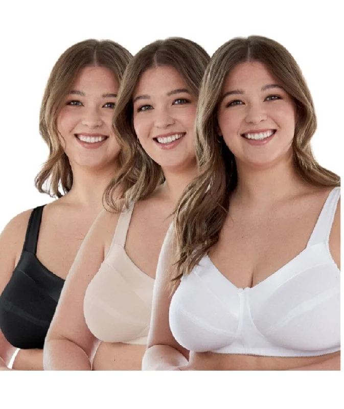 Bestform Satin Trim Wire-Free Cotton Bra With Unlined Cups 3 Pack - Black/Nude/White
