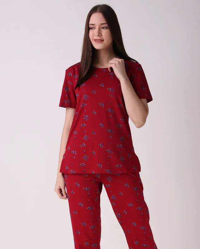 Maroon Flower Knitted Pj Set