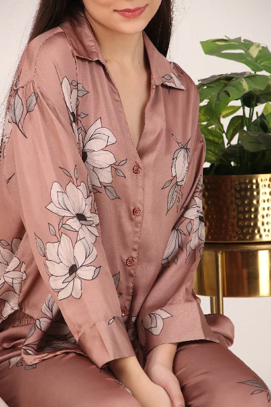 Brown Floral Oversized Satin PJ Set