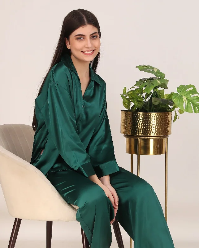 Solid Green Oversized Satin PJ Set