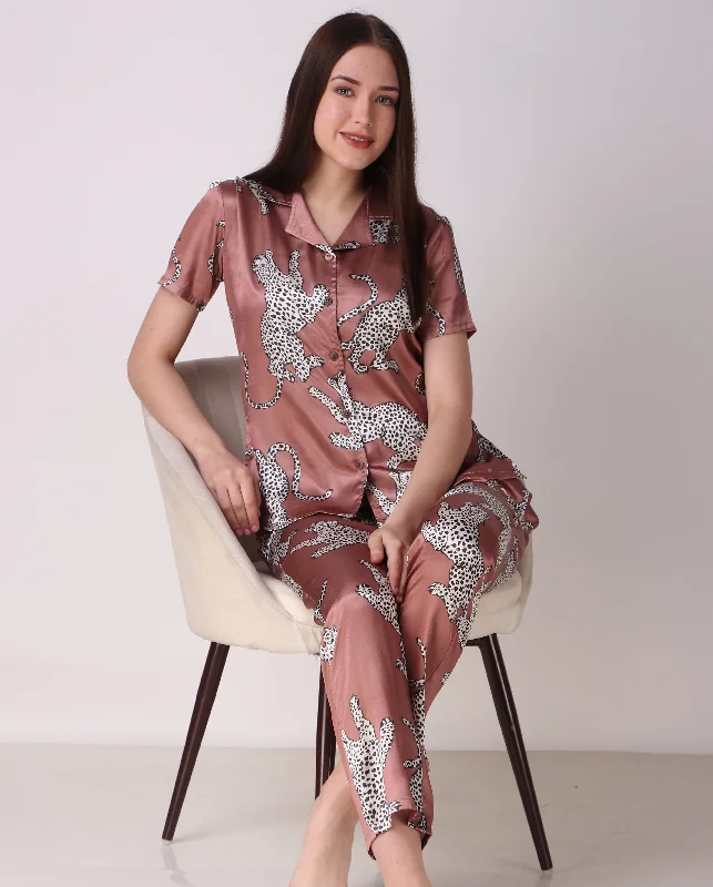 Brown Cheetah Satin PJ Set