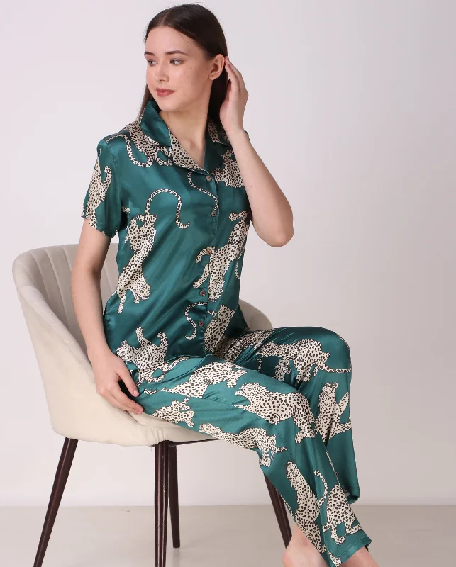 Green Cheetah Satin PJ Set