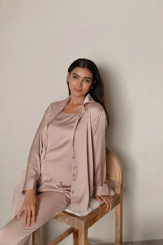 Tan Brown Luxe Satin -3 Pcs PJ Set