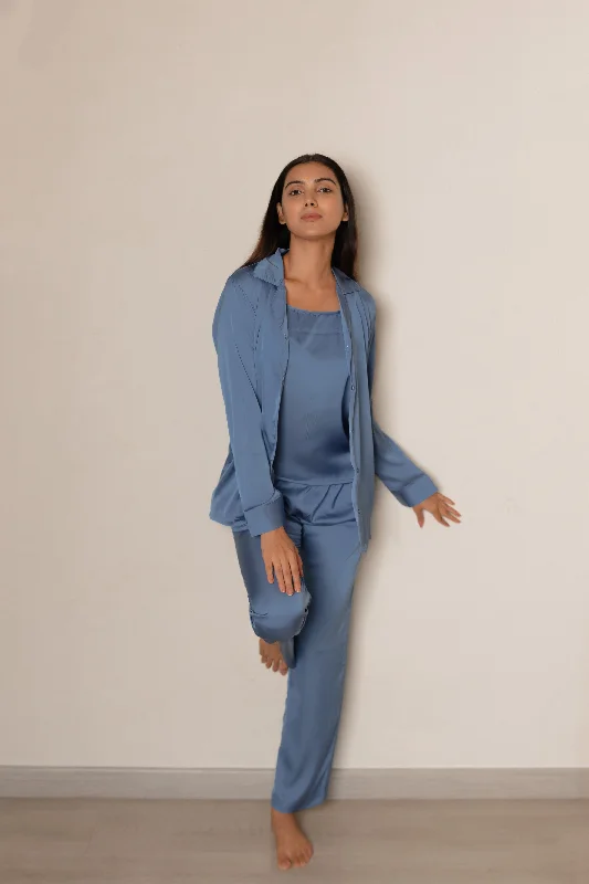 Yale Blue Luxe Satin -3 Pcs PJ Set