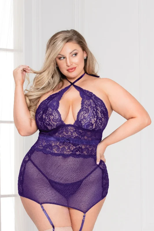 Lace and Mesh Chemise Set - Queen Size - Purple